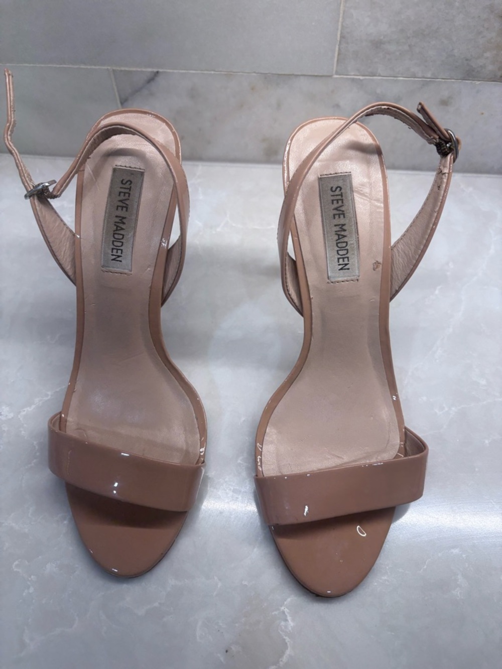 Steve Madden Beige Patent Ankle-Strap Heels